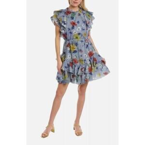 Pearl by Lela Rose Dress Floral Size Small Navy Gingham Voile Flutter Sleeve